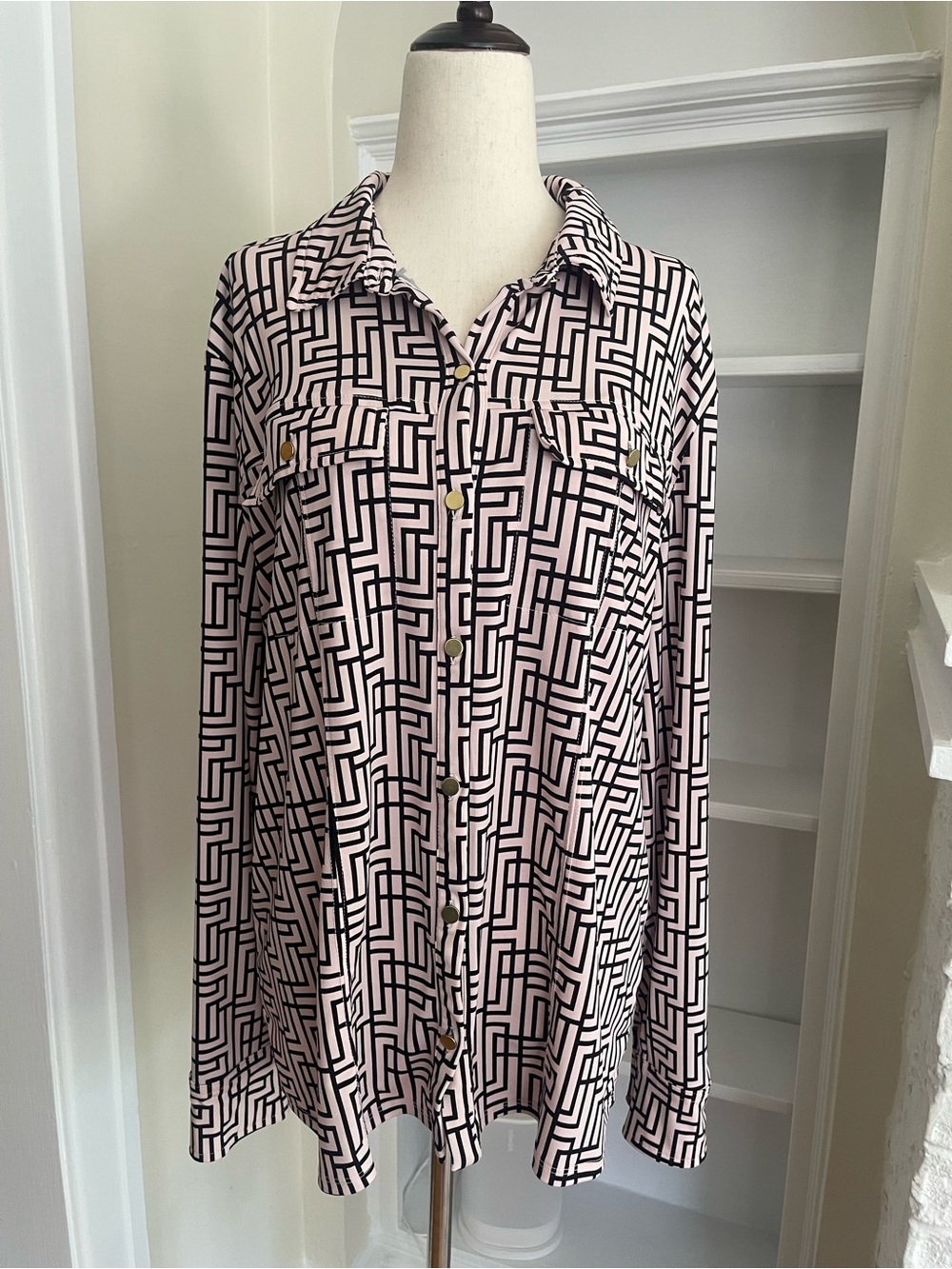INC International Concepts Pink and Black Geometric Button-Down Shirt
